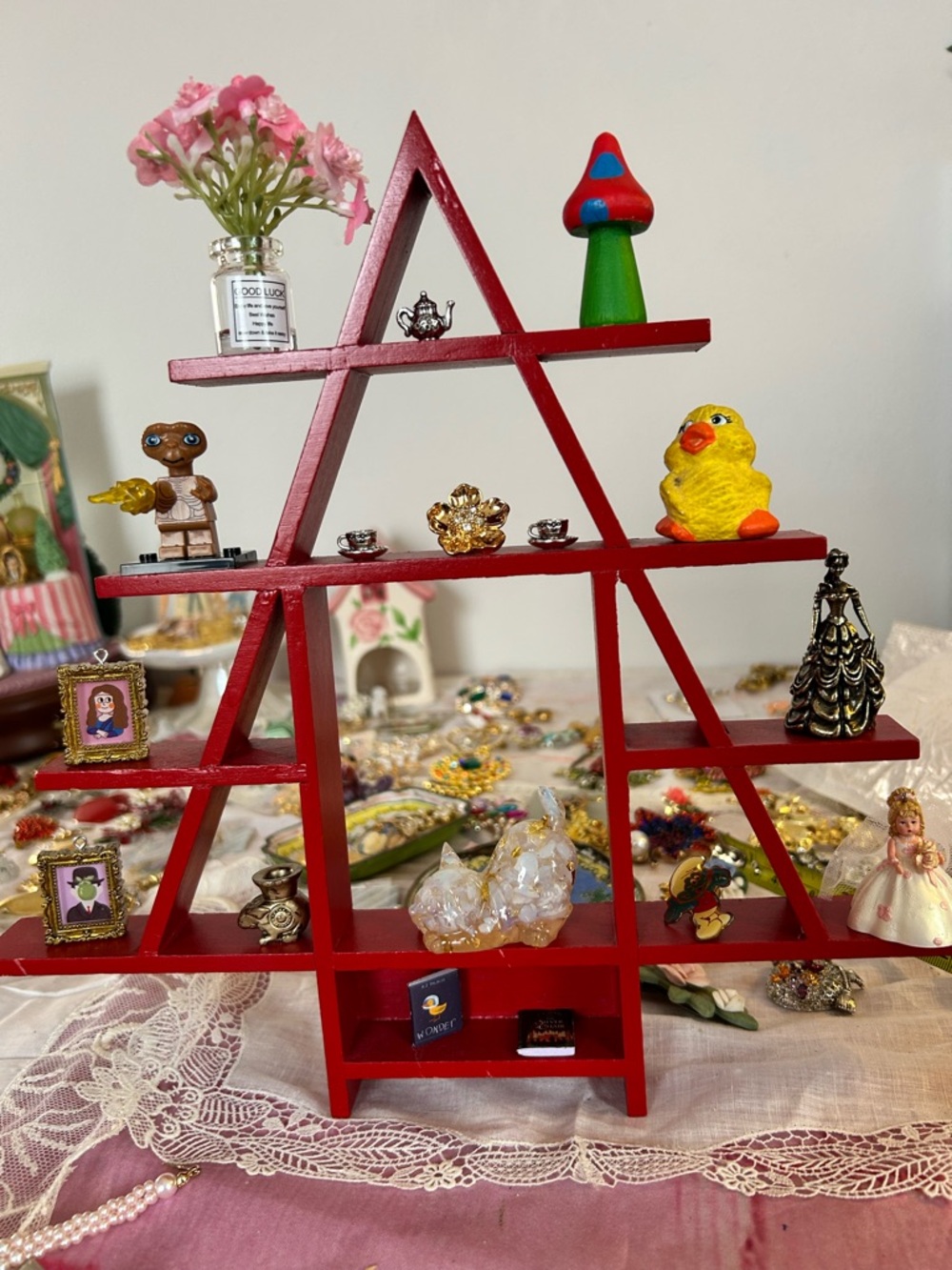 Red Tiered Wooden Display Shelf Decorative Mini Shelf Tree Christmas trinkets 11